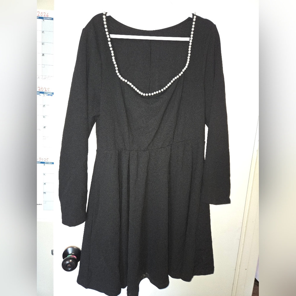 Elegant Black Dress with Square Neckline & Pearl Detailing